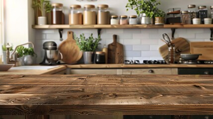 rustic wooden table top with blurred kitchen background product display mockup lifestyle photography