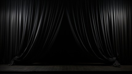 The intriguing sight of black theater curtains slightly parted on a stage, hinting at the secrets or performance hidden behind