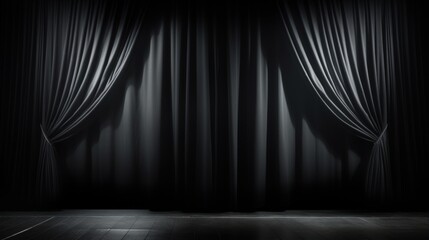 Black theater curtains opened in the middle with dramatic lighting that enhances the mood of an upcoming performance