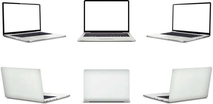 Realistic laptop mockup with blank screen isolated on white background, perspective laptop mock up different angles views