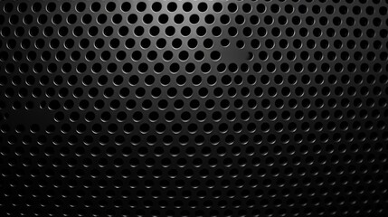 This image captures the intricate patterns and texture of a black perforated speaker grille, emphasizing its symmetrical design