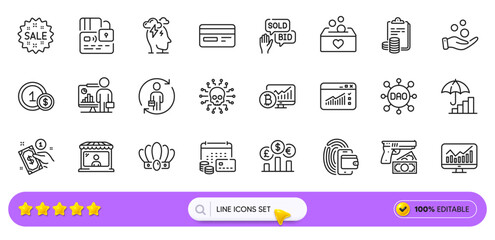 Market seller, Inflation and Statistics line icons for web app. Pack of Money calendar, Robbery, Wallet pictogram icons. Bid offer, Card, Dao signs. Replacement, Cyber attack, Currency rate. Vector