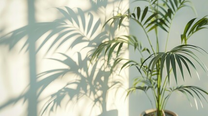 Blurred shadows of palm leaves on a bright white wall