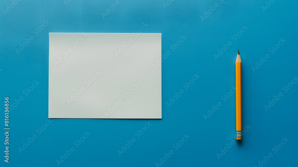 Poster empty copy space white paper with pencil above blue background : generative ai