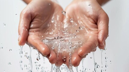 Fototapeta premium water droplets pouring onto cupped hands morning ritual white background concept photo