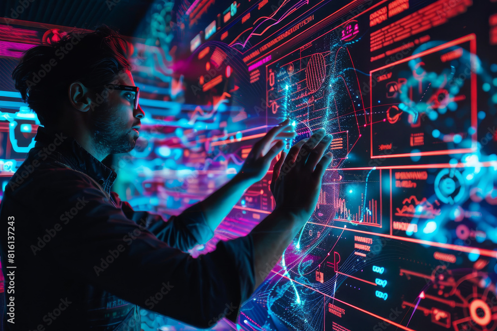Poster a man is touching a screen that has numbers on it