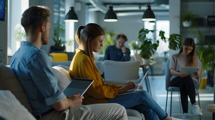 Fototapeta premium Young people sitting in halfempty office during coronavirus period and using modern devices : Generative AI