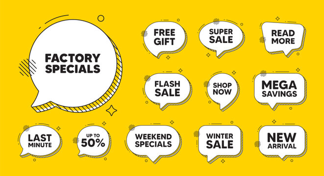 Offer speech bubble icons. Factory specials tag. Sale offer price sign. Advertising discounts symbol. Factory specials chat offer. Speech bubble discount banner. Text box balloon. Vector