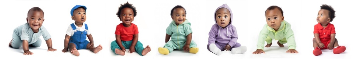 Group of black baby boy portraits with different poses, expressions, and outfits, each isolated on a white background. 