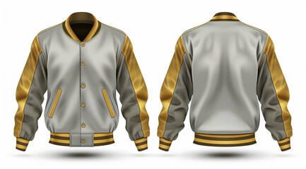 3D realistic baseball jacket, front and back view, silver with gold colored sleeves. White background, in the style of silver with gold colored sleeves.


