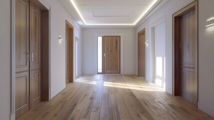 Obraz premium Entrance hall and housing distributor with armored access door and access to rooms with oak doors builtin wardrobes of the same material and parquet floors : Generative AI