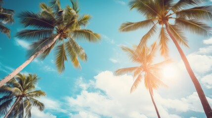 This vibrant image captures tropical palm trees swaying against a sunny blue sky, evoking warmth and relaxation