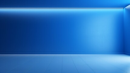 A serene, vivid blue backdrop and ambient lighting create a tranquil and minimalist setting in a modern room