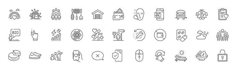 Patient, Lounger and Cable section line icons. Pack of Patient history, Painter, Auction icon. Windy weather, Group people, Chandelier pictogram. Rotation gesture, Grill tools, Distribution. Vector