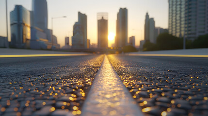 Asphalt highway and skyline with modern buildings at sunset : Generative AI