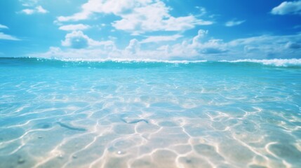 Obraz premium An underwater perspective showcasing the calming effect of sunlight filtering through clear water, illuminating the sandy seabed