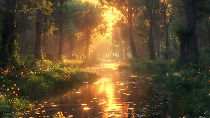 Beautiful view of green forest and forest stream at sunset