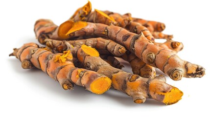 Isolated turmeric roots with cuts on a white background