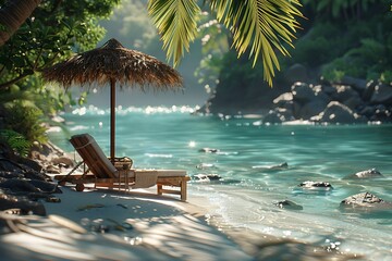 A luxurious teak sun lounger with a hand-woven palm frond umbrella, nestled beneath a swaying coconut palm on a deserted tropical beach. The midday sun shimmers off the crystal-clear water.