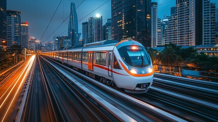 A train is driving through the city at night Generate AI