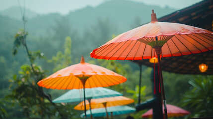 Coffee shop with Thai traditional umbrellas and green mountain view : Generative AI