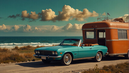 woman with a retro car, travel theme concept, pop colors, nostalgic mood,