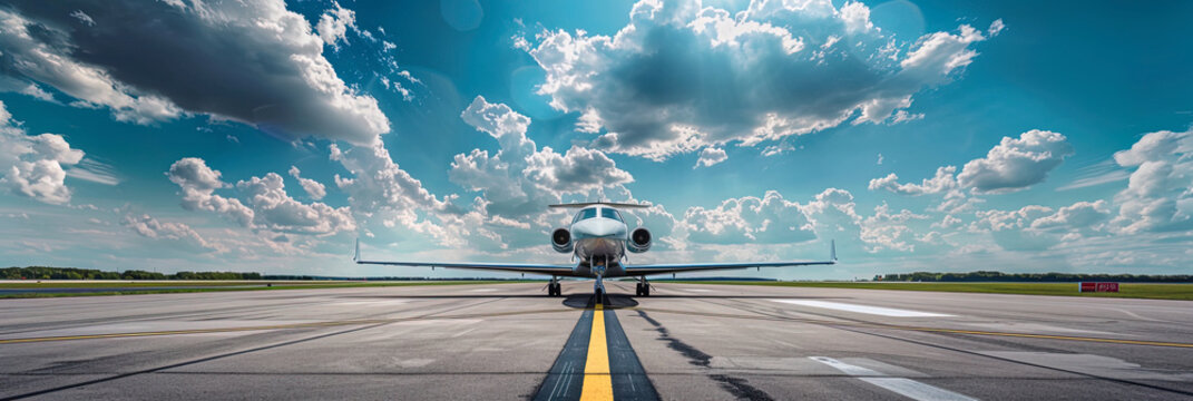 Business jet on the runway against the backdrop of a beautiful sky with beautiful clouds.