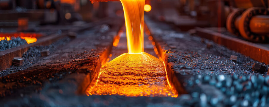 Dynamic view of liquid metal casting in an industrial setting, showcasing the powerful and mesmerizing process of metalwork