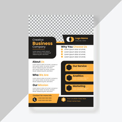 Modern corporate A4 size flyer design with yellow, black and white color or creative brochure template design for  marketing, business proposal, promotion, advertise, publication, cover page.