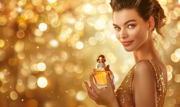 An elegant woman is holding a perfume bottle