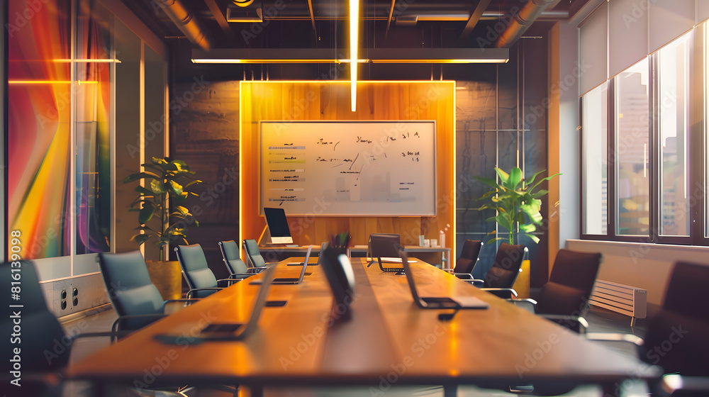 Poster empty conference room for team meetings in modern creative agency with art on walls and desks with c