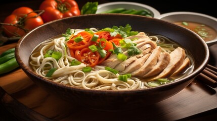A bright and appetizing bowl of chicken noodle soup with vibrant vegetables and a hint of spices, perfect for a healthy meal