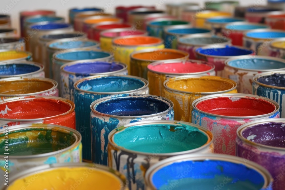 Aufkleber closeup view of open paint cans with various bright colors, ready for use in creative projects