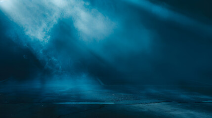 Rays spotlights light Empty dark scene with blue light Asphalt blue dark street with smoke :...