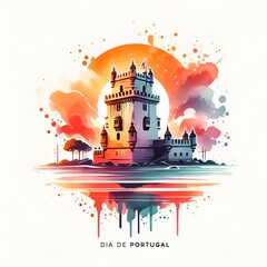 Watercolor illustration for portugal day with historic tower.