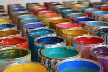 Closeup view of open paint cans with various bright colors, ready for use in creative projects