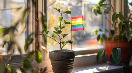Pride flag in sunlit indoor plant setting. A small Pride flag waves gently amidst lush green houseplants by a sunny window, symbolizing growth and resilience in the LGBTQ+ community. AI generative.