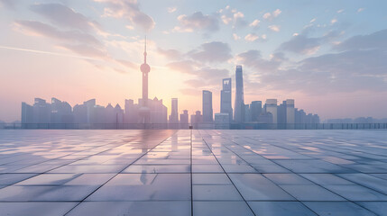 Empty square floor and city skyline with modern building at sunrise in Shanghai China : Generative...