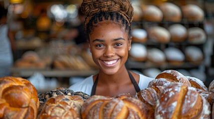 A female baker in an apron presents freshly baked bread in a bakery. - Powered by Adobe