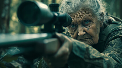 Elderly Woman Aiming with Sniper Rifle in Forest