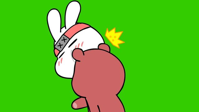 Animated ninja rabbit getting slapped in the face, on a green screen