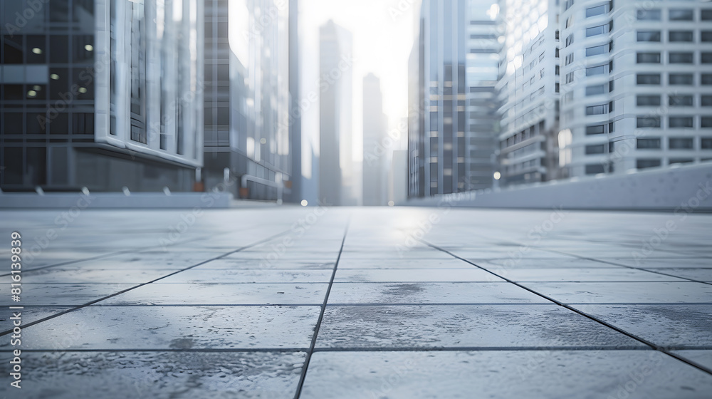 Poster empty concrete floor in front of modern buildings in the downtown street : generative ai