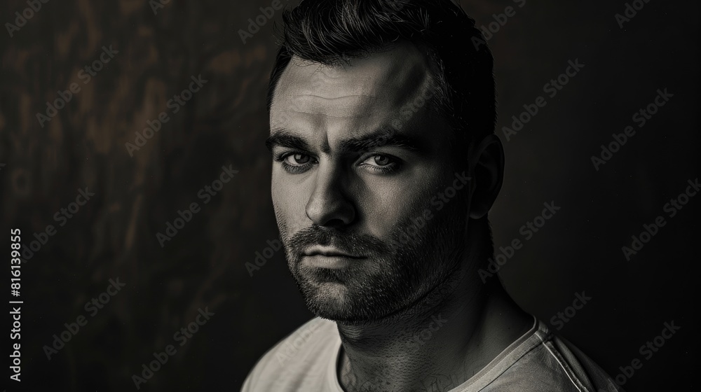 Poster handsome man portrait on dark background with room for text monochrome filter applied