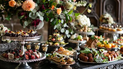 Decadent Wedding Banquet Table Adorned with Delectable Hors Doeuvres and Gothic Elegance