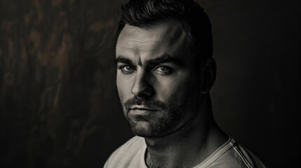 Fototapeta premium Handsome man portrait on dark background with room for text Monochrome filter applied