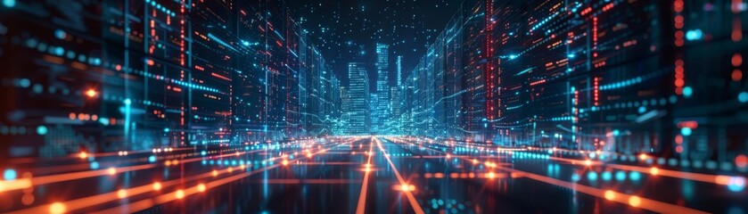 Obraz premium Futuristic data network with glowing pathways, representing the flow of information in a smart citys infrastructure