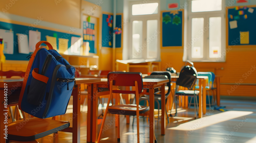 Poster interior of stylish empty classroom with backpacks and stationery : generative ai