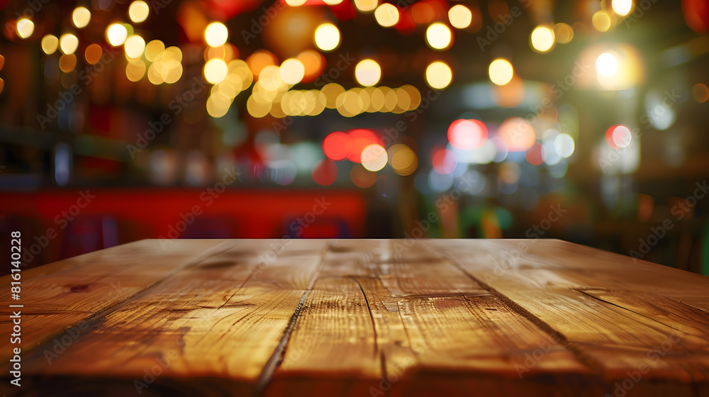 Poster empty wooden table top with lights bokeh on blur restaurant background : generative ai