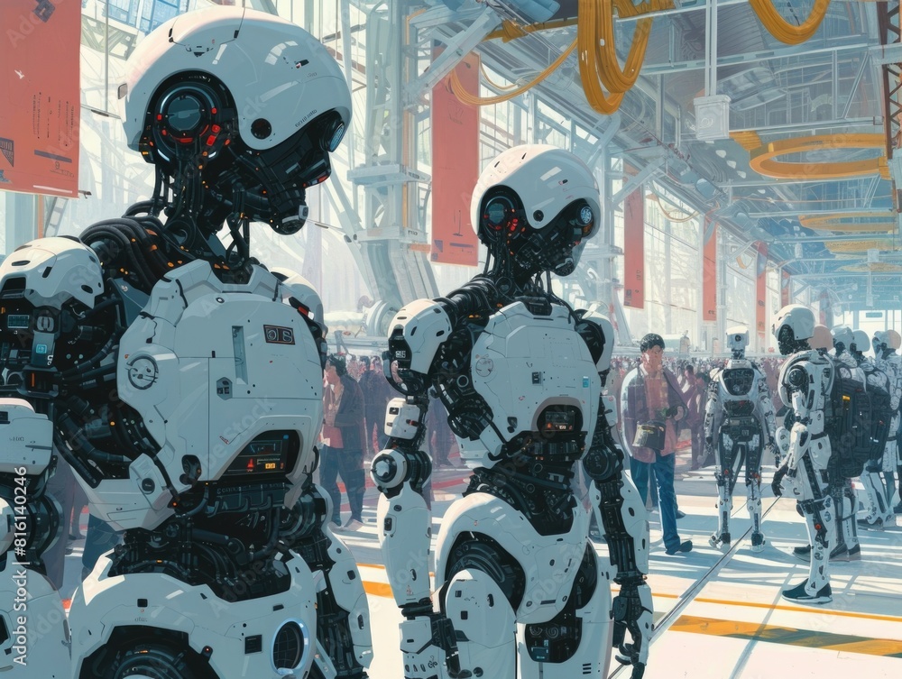 Poster multiple robots cyborgs. mass assembly. ai generative.