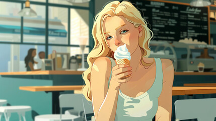 A blonde woman holds sweet ice cream in a glass in her hand.